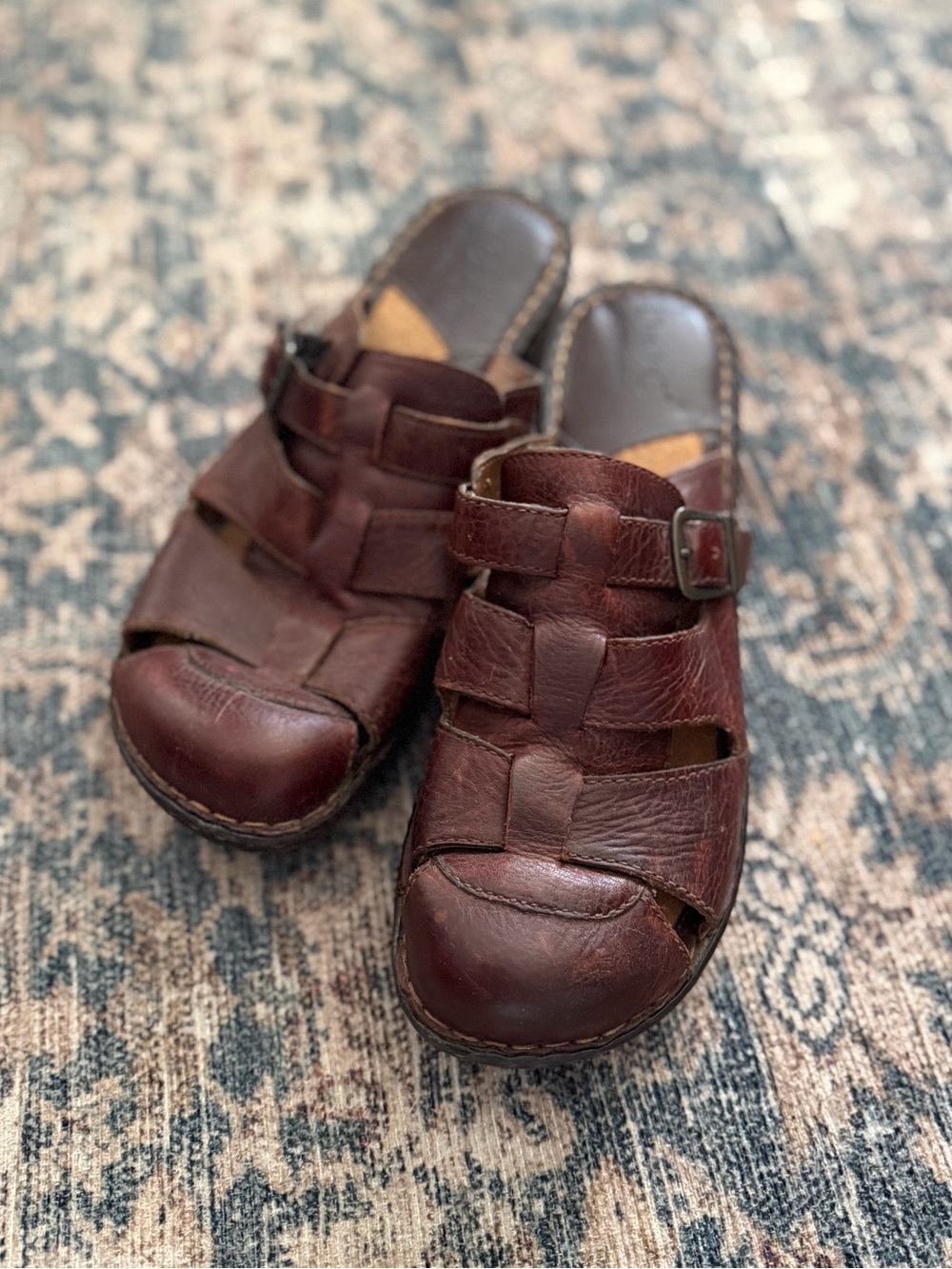 BORN Brown Leather Fisherman Clog Slide On Wedge Mule 11 - Picture 2 of 14